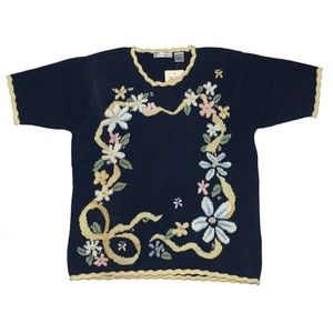 VTG Robin Sinkler Sweater M Crochet Floral Butterflies Grannnycore Cottagecore